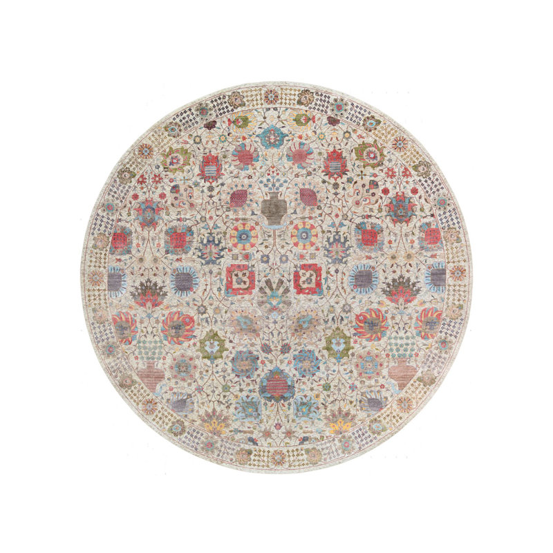 14'x14' Colourful Tebraz Vase Silk With Wool Hand Knotted Round Rug ED905CC167A64D5F83EAF9A7D72A6164