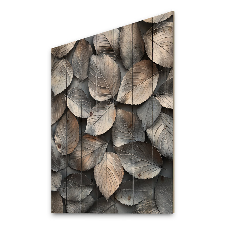 Copper Silver Pewter Leaves III - Leaves Wood Wall Decor - On Natural Pine Wood, 20" H x 10" W x 0.78" D