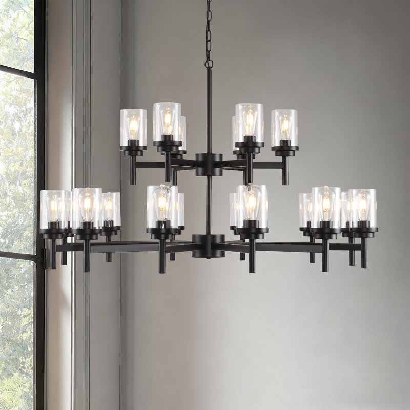 18-Light Black Modern Chandelier, Dining Room Pendant Light Fixture with Clear Glass Shades, 18 Lights