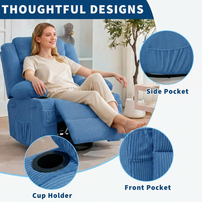 Fauteuil inclinable manuel bleu en velours côtelé avec base pivotante à 360 degrés, structure en fer et rembourrage en éponge pour le salon, la chambre à coucher et la chambre de bébé