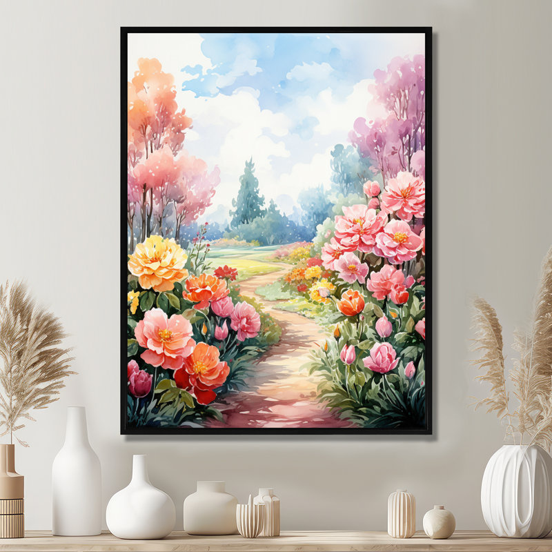 Rose, chemin floral de campagne - salon d'art mural floral, Cadre flottant noir, bois massif, H 40 po x l 30 po