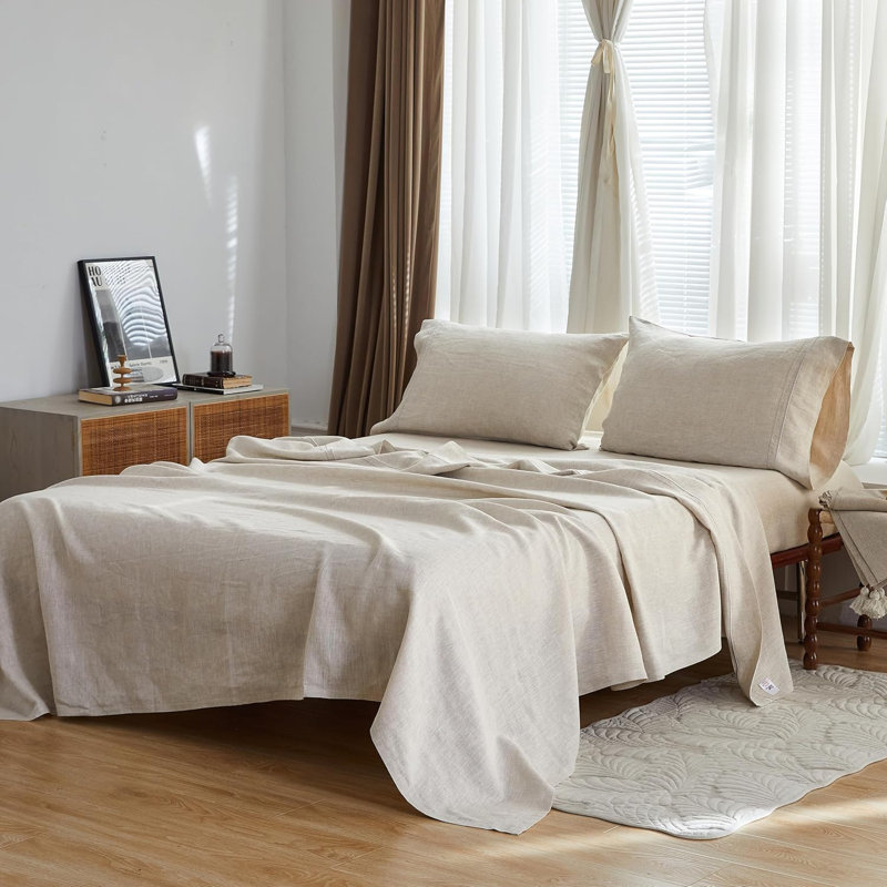 100% French Linen Sheet Set Breathable Durable For Hot Sleepers Bedding 4 Pcs - 1 Flat Sheet,1 Fitted Sheet,2 Pillowcases