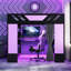 Lit mezzanine en bois pleine grandeur avec tablettes, rideaux occultants et lumières RVB, noir et mauve-228328277