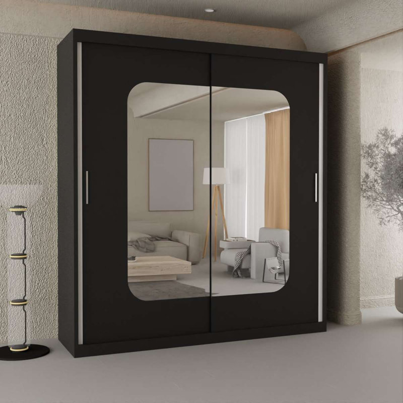Cherith 2 Door Manufactured Wood Wardrobe, Black, 217cm H x 203cm W x 62cm D