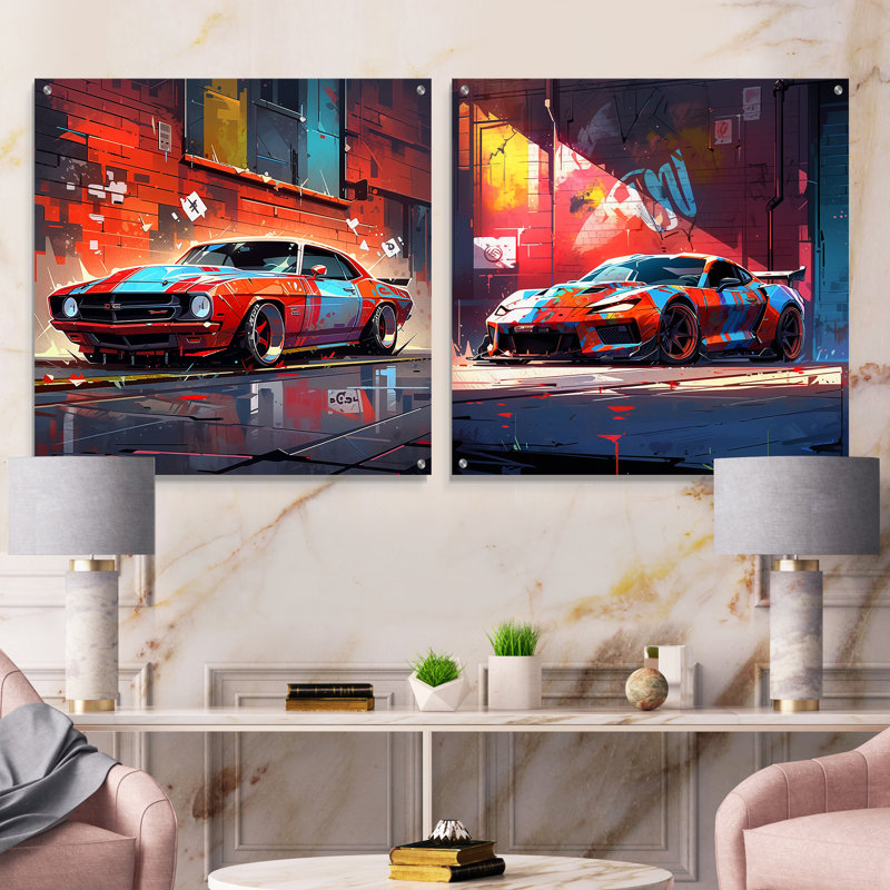 «Graffity Car In Tokyo», ensemble de 2 peintures murales en acrylique, H 36 po x l 73 po