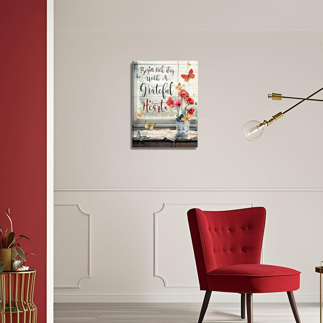 Red Flower Canvas Wall Art Retro Farmhouse Butterfly Poppy Painting Picture Wall Decor Modern Blossom Begin Each Day With A Grateful Heart Poster Prin