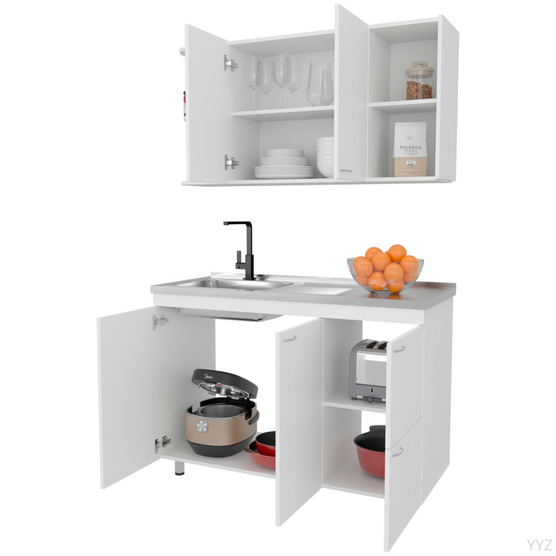 Ensemble d'armoires de cuisine avec rangement supérieur et inférieur, 4 portes et tablettes ouvertes, blanc
