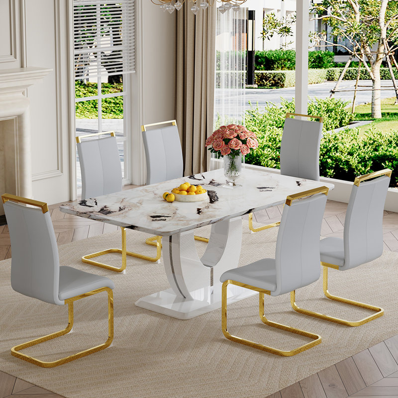 Dining Table Set, Light Gray/Gold, Dalishi, 7 pieces