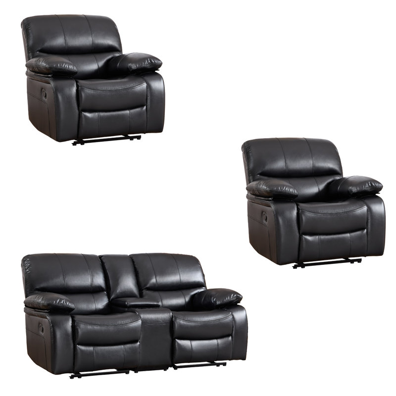 Ensemble de salon inclinable manuel en similicuir 3 pièces avec console de rangement et porte-gobelets, Noir