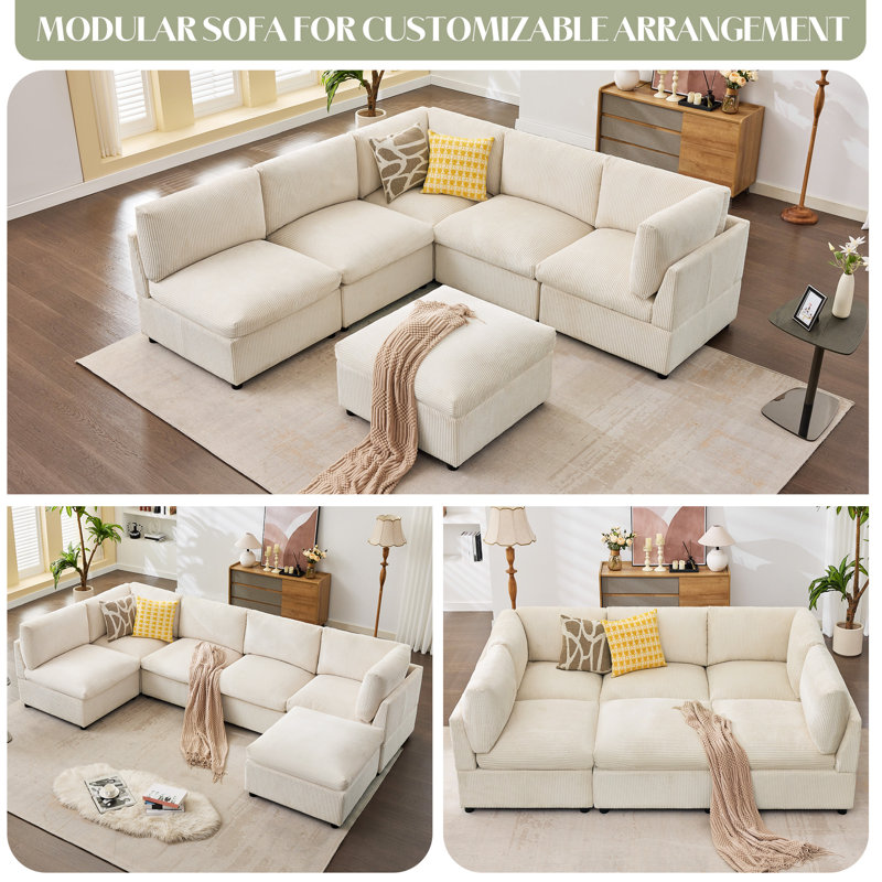 130" Oversized Corduroy Modular Sectional Sofa with Ottoman, Beige - 32" Deep Seats, Seats 6, Reconfigurable U/L-Shaped Sleeper