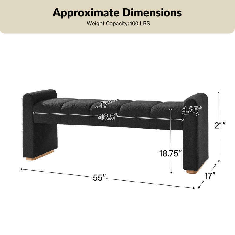 Arlesia 55''W Modern Piano Key Design Upholstered Bench with Solid Wood Legs, Black