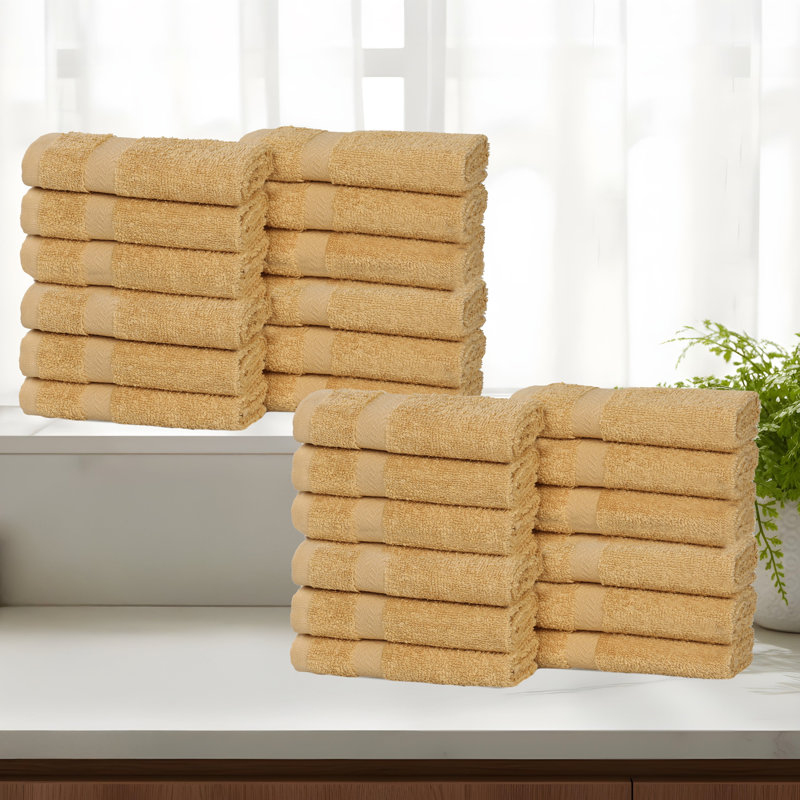 Lightweight Cotton Quick-Drying Bathroom Towel Set, Gold, Washcloth - 24 Pack