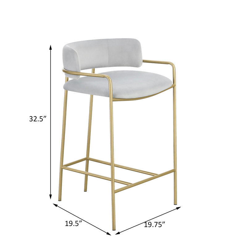 Tabouret à hauteur de comptoir en velours gris glamour avec structure en métal doré, hauteur de siège de 26 po, détails de bar confortables en mousse - chaise de salle à manger chic
