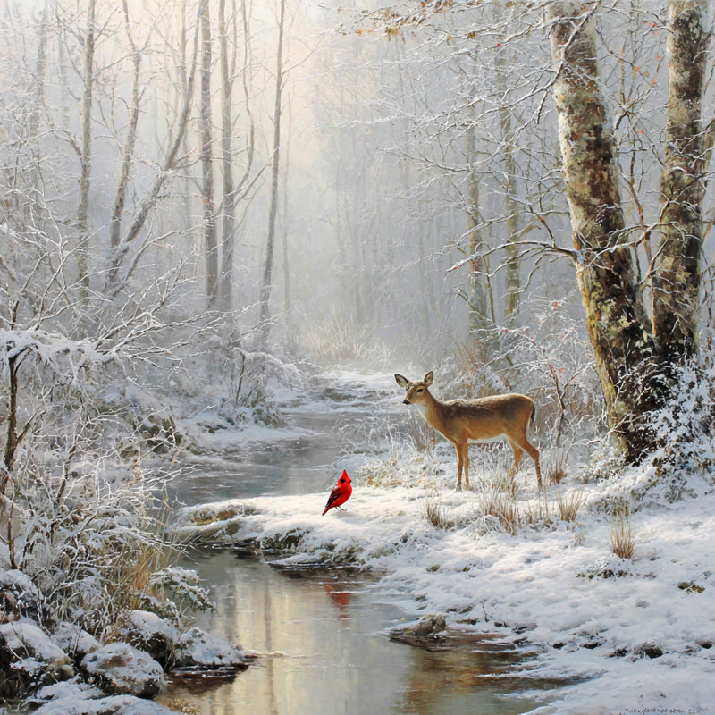 «Cardinal and Deer at Winter Creek», art mural sur toile tendue, H 12 po x l 12 po