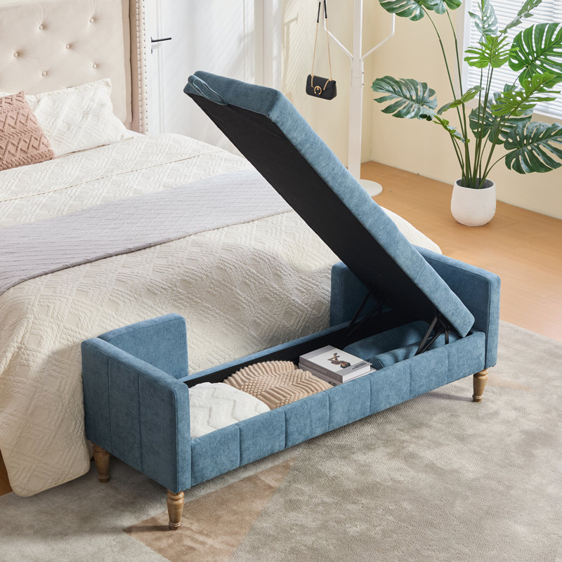Banc de rangement avec revêtement en chenille, structure et pieds en bois massif, banc avec repose-pieds relevable avec coussin décoratif pour chambre à coucher, vestibule et siège de fenêtre