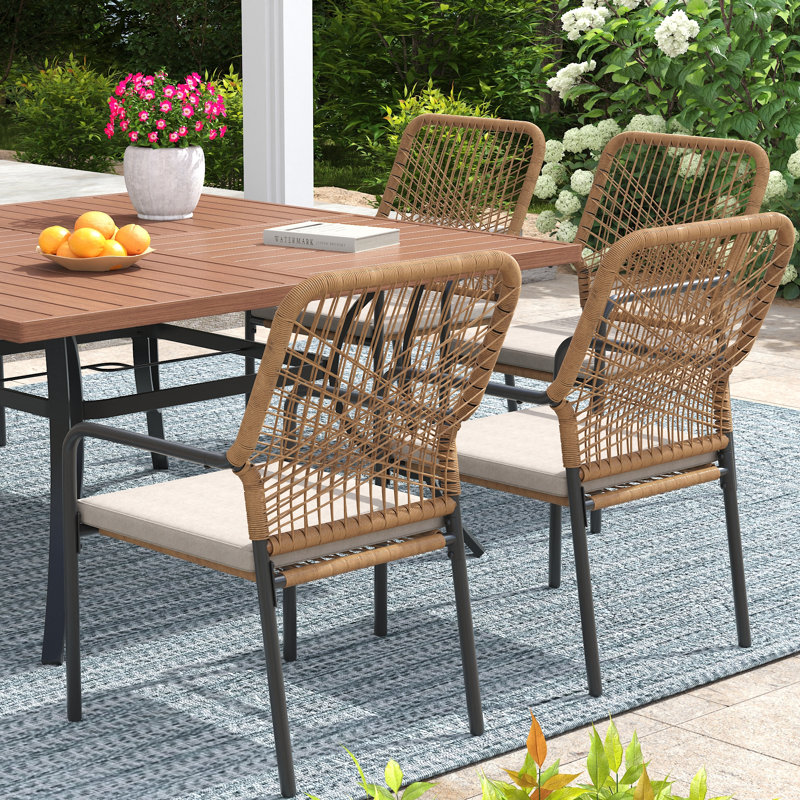 8-Person Patio Dining Set with Extra Large Square Dining Table and Cushioned Stackable Rattan Chairs, Brush Wood Brown