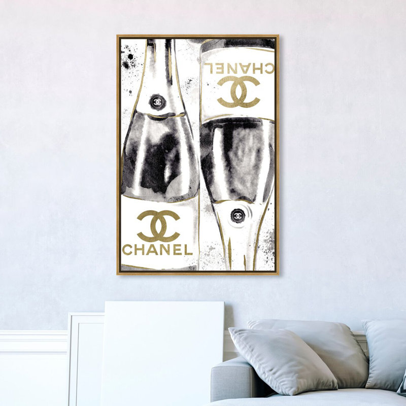 Encre de champagne, luxe champagne bulles dorées modernes - cadre flottant, impression sur toile, H 55 po x l 37 po