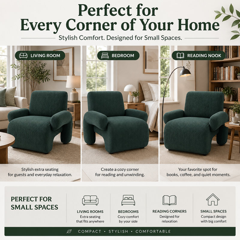 Small Accent Chair for Bedroom – Compact Velvet Reading Chair, Modern Upholstered Armchair for Small Spaces