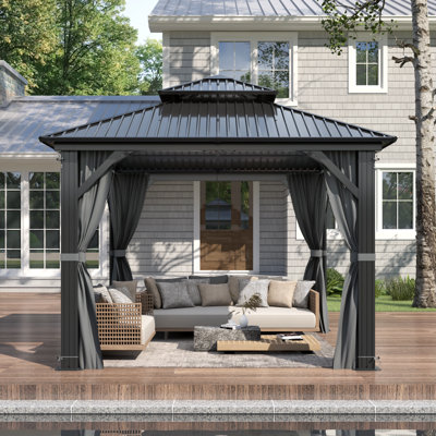10FT ×10FT Outdoor Aluminum Patio Gazebo, Galvanized Steel Hardtop Gazebo with Privacy Curtain and Mosquito Nettings