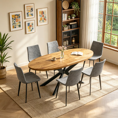 63.1"-78.8" Extendable Round Dining Table Set, 7-Piece Oval Kitchen Table with 6 Upholstered Dining Chairs 