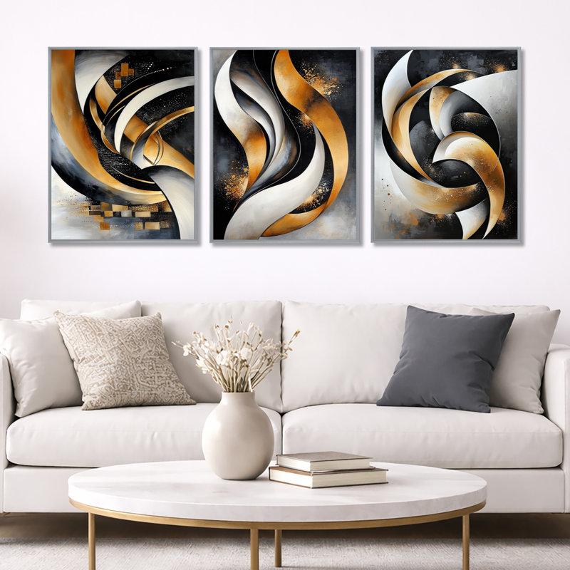 Fractal Waves of Dark Golden Galaxy - ensemble de 3 toiles abstraites encadrées, H 32 po x l 72 po, Encadrement argenté