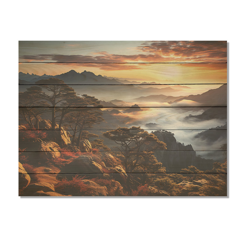 «Mountain Majesty Sunsets Embrace III» - Forêt et rivière sur bois, H 30 po x l 40 po