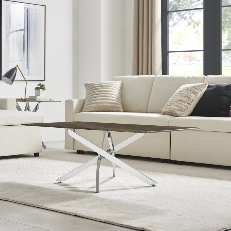 Atal Marble Effect Coffee Table - Glass Topped Metal Leg Centre Table, Gray, Silver