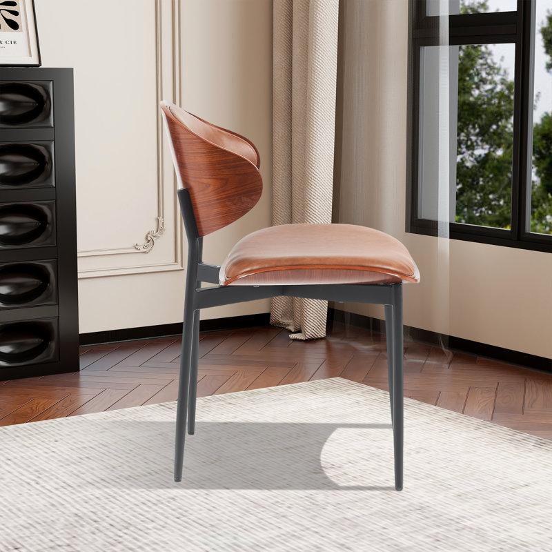 Chaise de salle à manger Mid-Century moderne en cuir avec pieds en métal (ensemble de 2), Orange