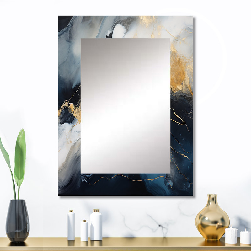 Gold and blue Abstract marble ink I - Marble Mirror, Modern Decorative Wall Mirror, Printed Metal Art, 32" x 24"