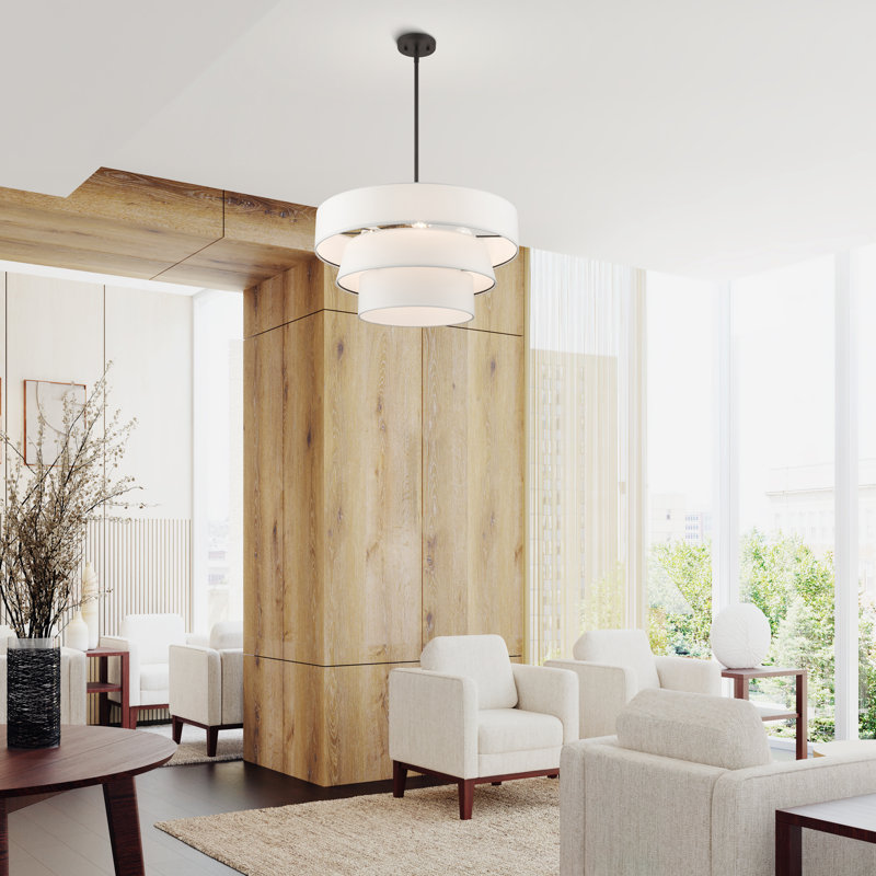 4 - Light Steel Dimmable Drum Chandelier, Bronze, White