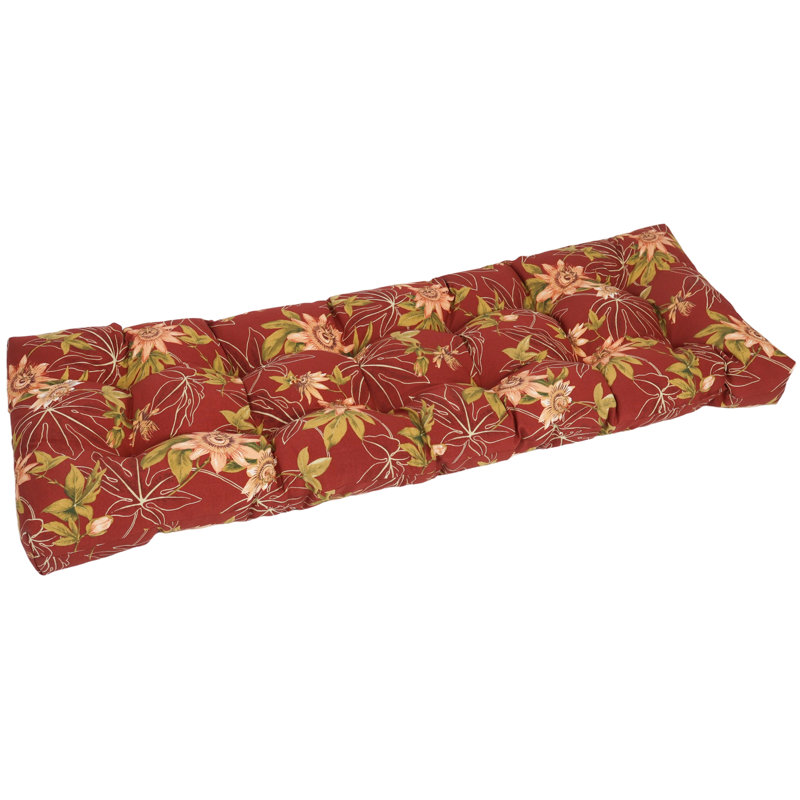 Tufted Outdoor Bench Cushion, 55" W x 19" D, Red/Tan/Passion Ruby Floral