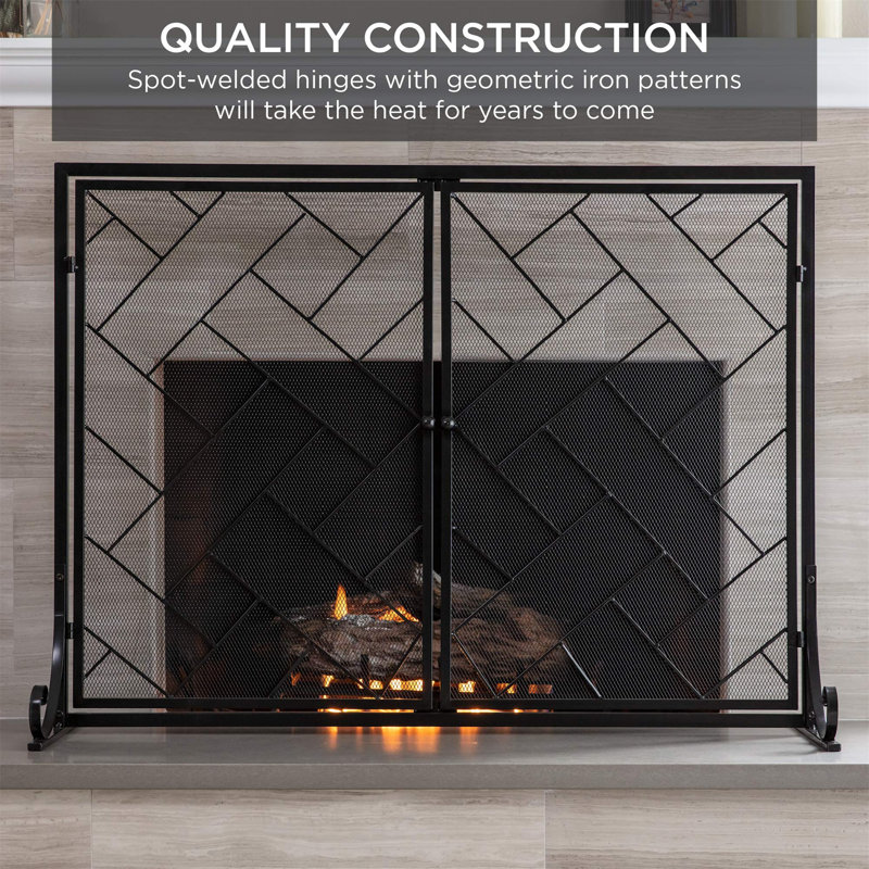 Black Wrought Iron Geometric Fireplace Screen with Magnetic Doors