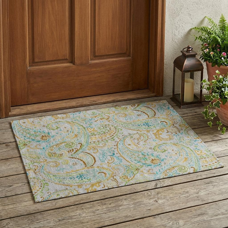 Tapis intérieur antidérapant gris et doré 2 pi x 3 pi à motif cachemire lavable