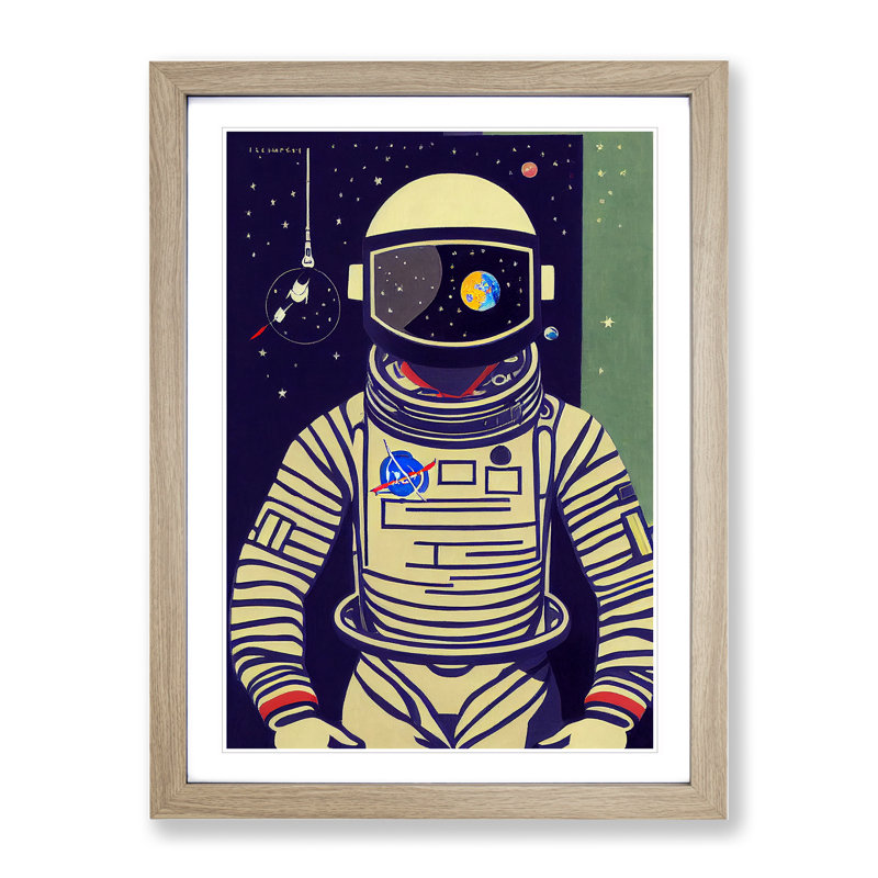 Retro Astronaut No.2 1 Piece Single Picture Frame Wall Art, 64cm H x 46cm W x 2cm D, Oak Framed