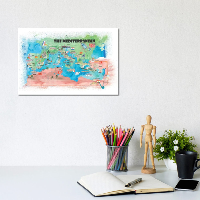 Mediterranean Cruise Travel Poster Map Spain Italy Greece Palma Ibiza by Markus & Martina Bleichner - Wrapped Canvas Gallery-Wrapped Canvas Giclée