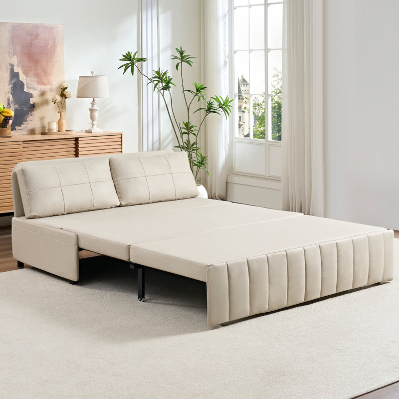 Ebern Designs Small Loveseat 3-in-1 Pull-Out Sleeper Sofa Bed with Throw Pillows, Beige
