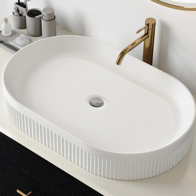 Meuble-lavabo en céramique blanc de 22,8 po, lavabo vasque ovale à rayures verticales, bonde centrale et bonde escamotable, évite les éclaboussures de comptoir, évier contemporain, conception rayée, plan d'installation