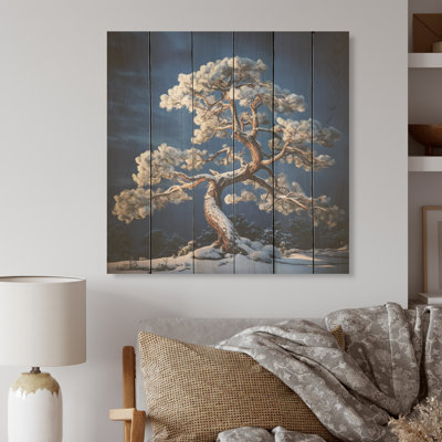 Bonsai Tree Purity In Winter - Tree Pine Wood Art On Natural Pine Wood