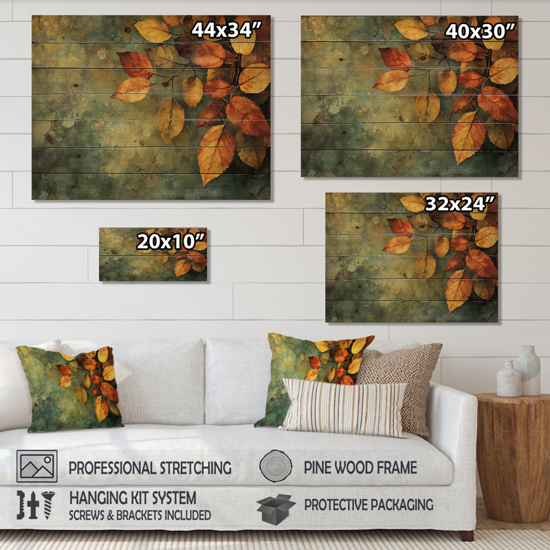 «Leaves Brown Forest Tranquility III» - Décoration murale en bois de feuilles - sur bois de pin naturel, H 30 po x l 40 po