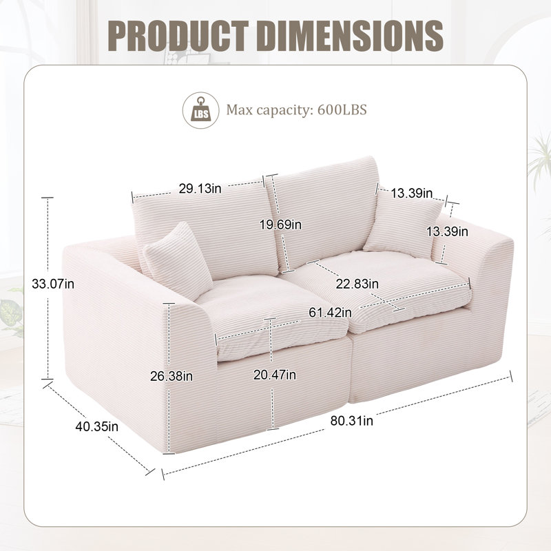 Canapé modulaire à compression modulaire en velours côtelé 80,3 po, Beige