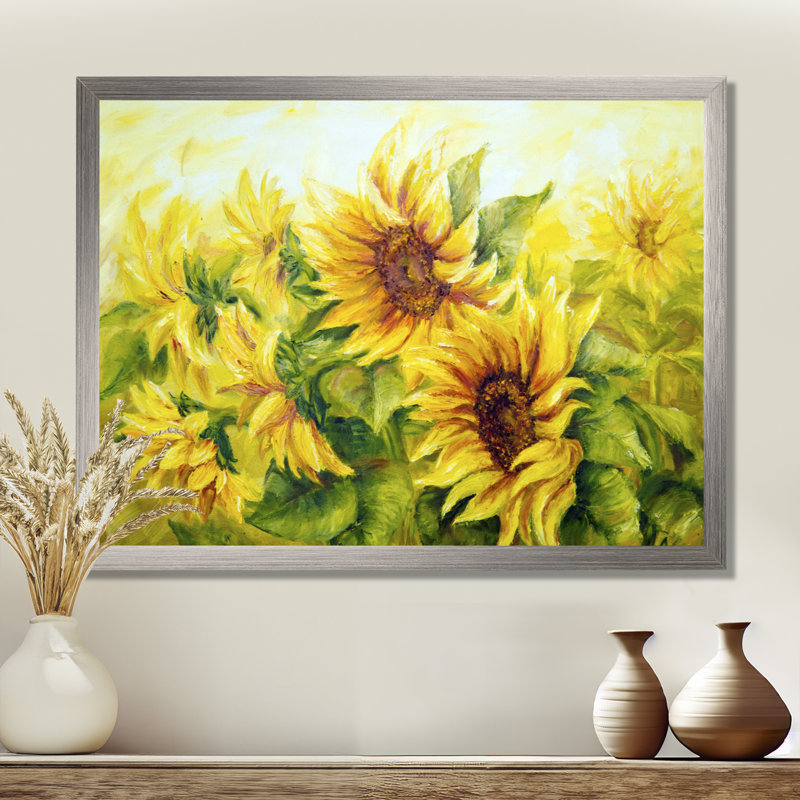 Bright Yellow Sunny Sunflowers - impression d'art graphique, H 30 po x l 40 po, Avec cadre, Argent argent
