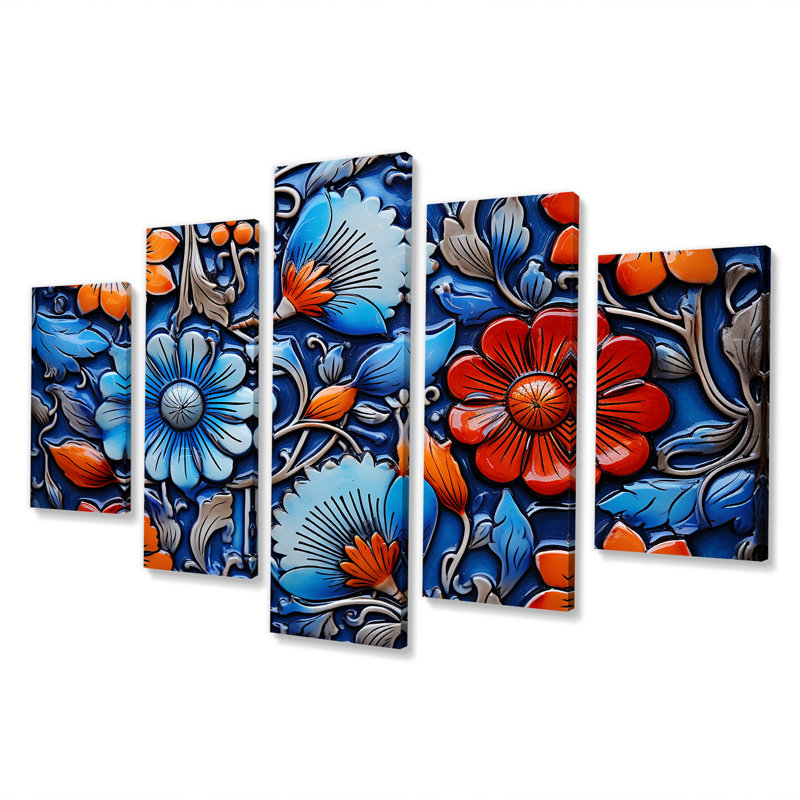 Motif floral bohème bleu et orange mosaïque II