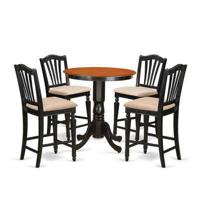 5 Piece Counter Height Dining Table Set Includes a Round Kitchen Table with Pedestal and 4 Linen Fabric Dining Room Chairs, Black & Cherry