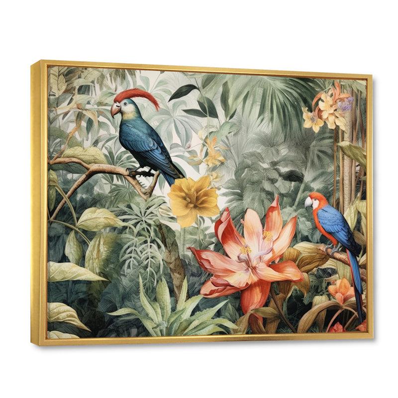 Perroquet au paradis II - Art encadré, H 24 po x l 32 po x P 1 po, Cadre flottant doré