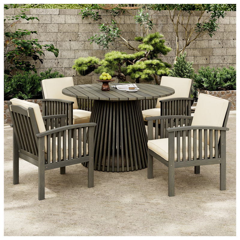 Ensemble de fauteuils club 6 pièces avec cadres en bois d'acacia, coussins imperméables crème et gris, avec tables d'appoint