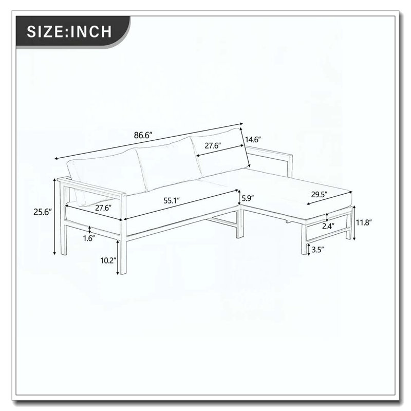Outdoor L-Shaped Sofa with Iron Frame, Beige