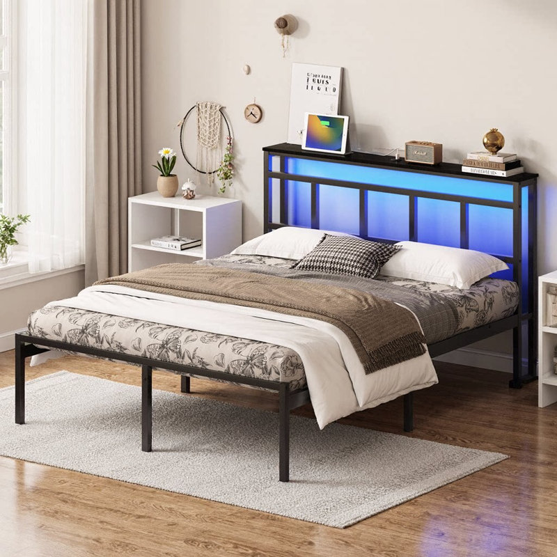 Structure de lit 14 po avec tête de lit | Lit plateforme en métal avec station de charge USB-C et Type-C | Bande lumineuse à DEL RVB