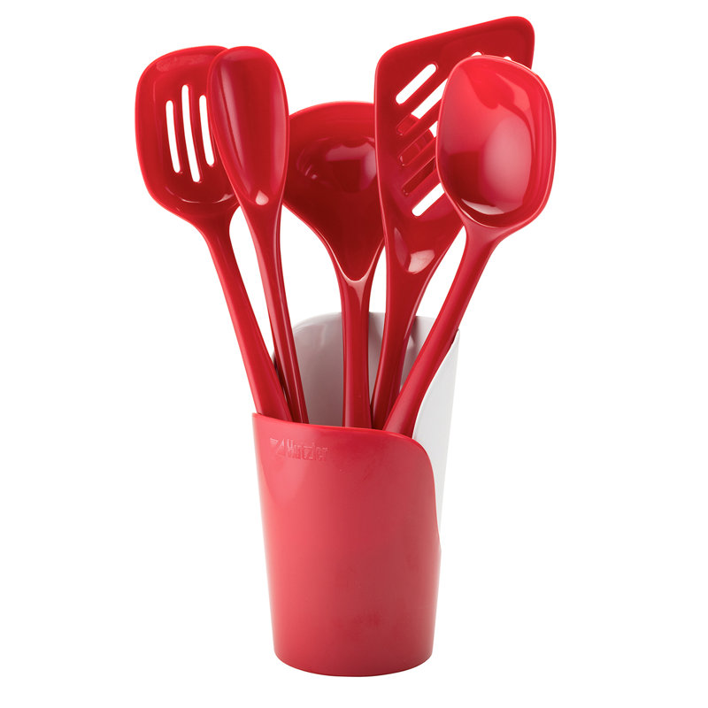 Plastic Oval Utensil Crock, Red/White