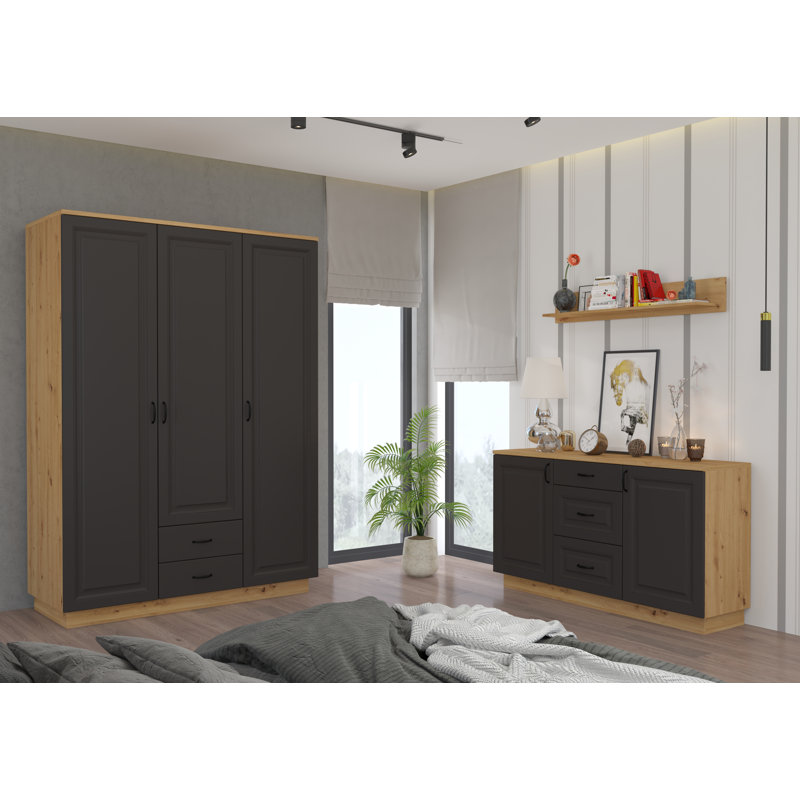 Devynn 3 Door Solid + Manufactured Wood Wardrobe, Black