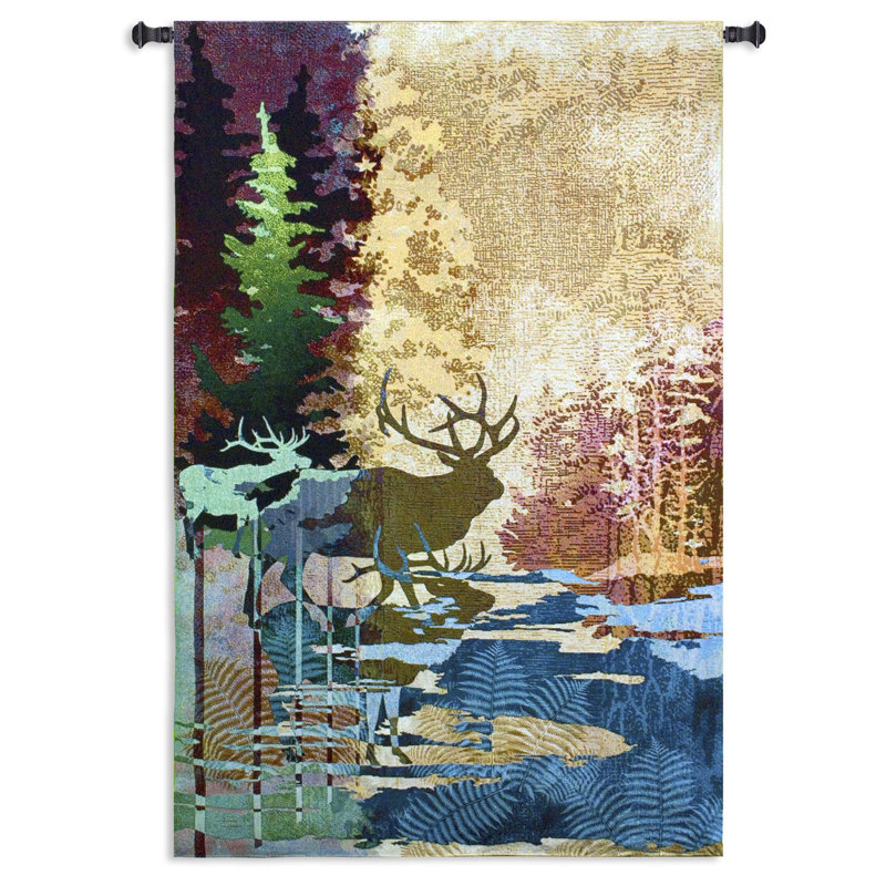 Ghosts of the Tall Timbers | Woven Tapestry Wall Art Hanging | Abstract Dreamy Forest River with Deer | 100% Cotton USA Size 52x36